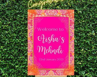 Personalised welcome signs. Mendhi signs, Jago, ladies Sangeet, Sanji. High quality. Ready to display. Colourful, Full design service.