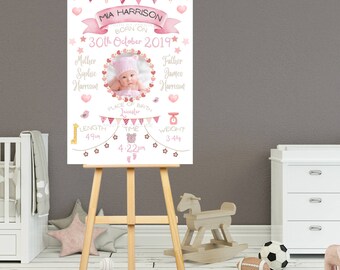 Personalised Baby Birth details, foam board material. Signs, vinyl, welcome new baby. Complete Design service. Ready to display.