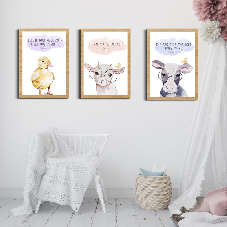 Kids Bible Verse Wall Art, Set of 3 Farm Nursery Decor, Church Nursery