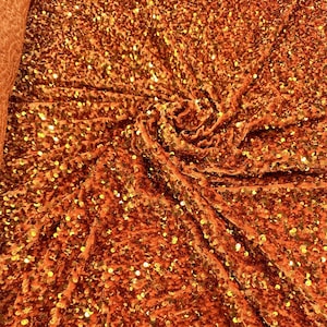 Orange Velvet Stretch with All Over Sequins Embroidery, 2-Way Stretch, 54&quot;, By the Yard