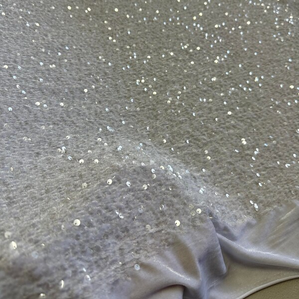 White Velvet Stretch with All Over Sequins Embroidery, 54", Sold By the Yard, Clothing & Apparel, Sewing, Hair Accessories