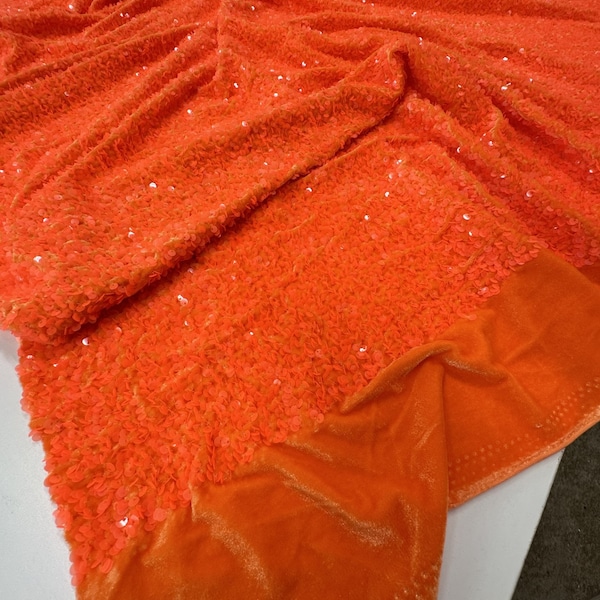 Neon Orange Velvet Stretch with All Over Sequins, 54/55" Sold By the Yard, Gown, Dress, Party Wear, Prom, Dance