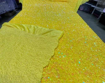 Lemon Yellow Stretch Velvet with All Over Iridescent Sequins, 54/55", Sold by the yard