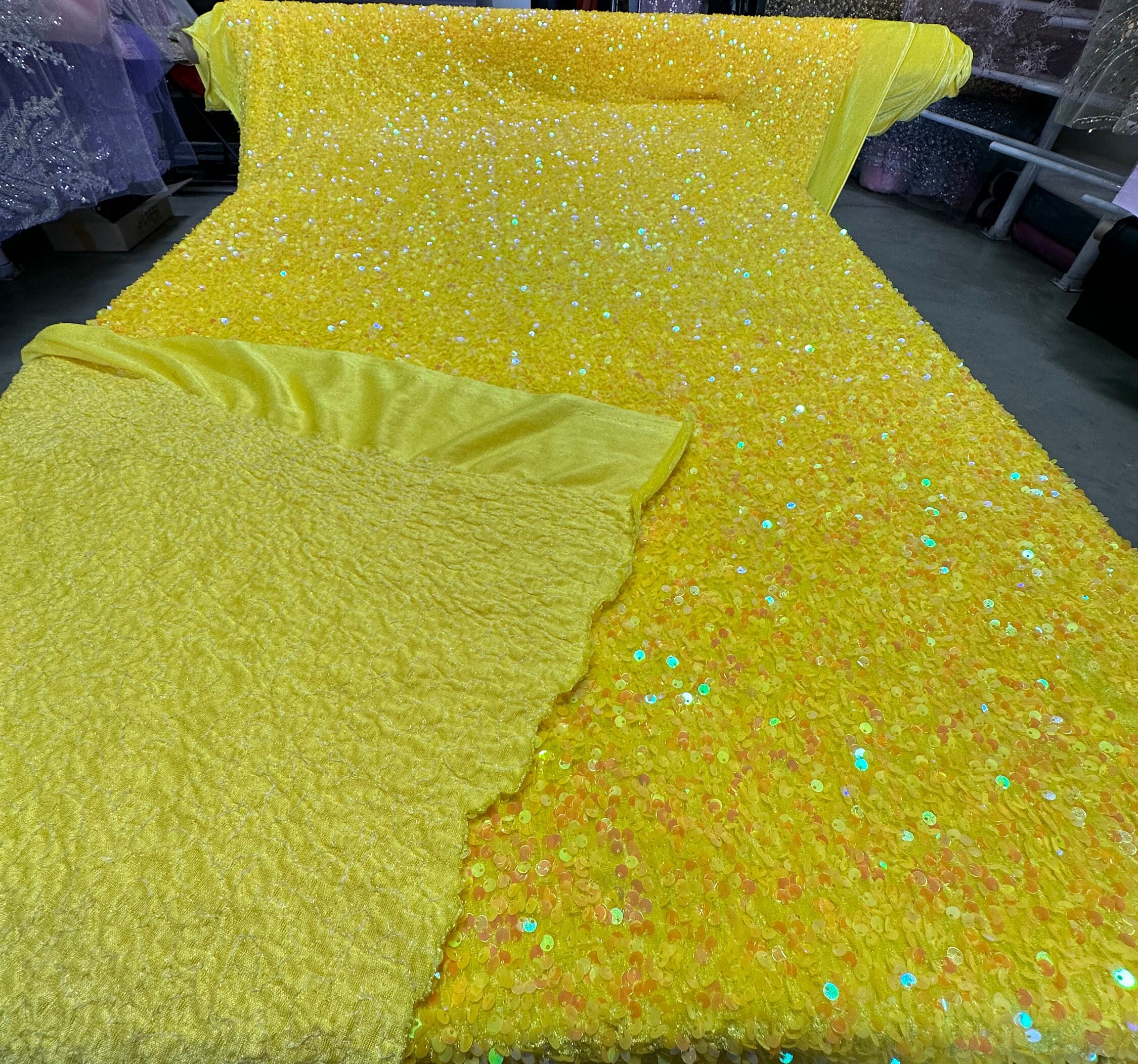 Lemon Yellow Stretch Velvet with All Over Iridescent Sequins, 54/55", Sold by the yard