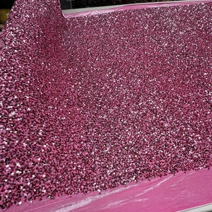 Pink Velvet Stretch Fabric with All Over Sequins Embroidery, 2-Way Stretch, 54/55&quot;, Dress, Partywear, Gown, Prom, Dance, BTY