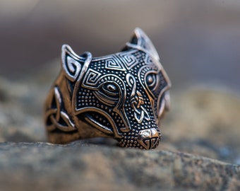 Handcrafted Bronze Viking Wolf Fenrir Head Norse Celtic Triquetra Pagan Ring 