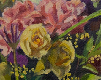 Oil Painting on Canvas / Contemporary Flowers / Close-Up Original Art / Fine Art Miniature / Connie Hanselman /Yellow Roses and Carnations
