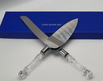CAKE SERVER SET - Wedding Cake Knife - Handmade Knife and Serving Set - Cake Cutting Set - Gift For Wedding - Diamond Accents Knife