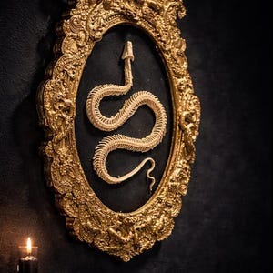May include: A beige snake skeleton mounted inside an ornate, oval-shaped gold frame. The skeleton is positioned in a winding, S-shaped curve against a solid black background. The frame features intricate, raised relief detailing throughout its border.