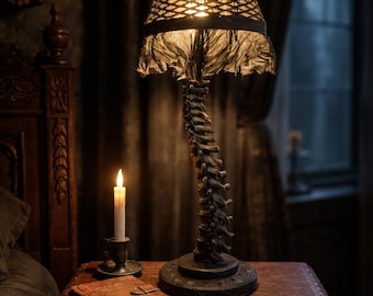 Lámpara de escritorio con esqueleto gótico: tamaño natural, columna vertebral anatómicamente precisa con pantalla hecha a mano e intercambiable.