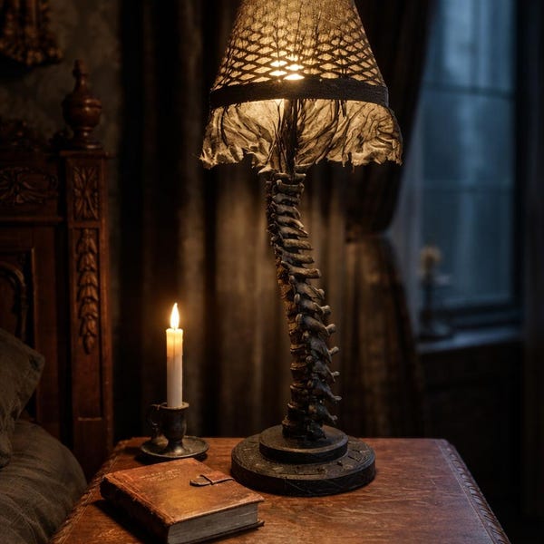 Lampe de bureau squelette gothique - Taille réelle - Colonne vertébrale anatomiquement précise avec abat-jour fait main/interchangeable.
