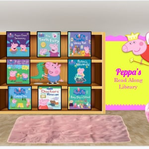 Puede incluir: Una sala de juegos rosa y amarilla con una estantería llena de libros de Peppa Pig. La estantería está etiquetada como "Peppa's Read Along Library". Hay dos pufs rosas y una alfombra rosa en el suelo.