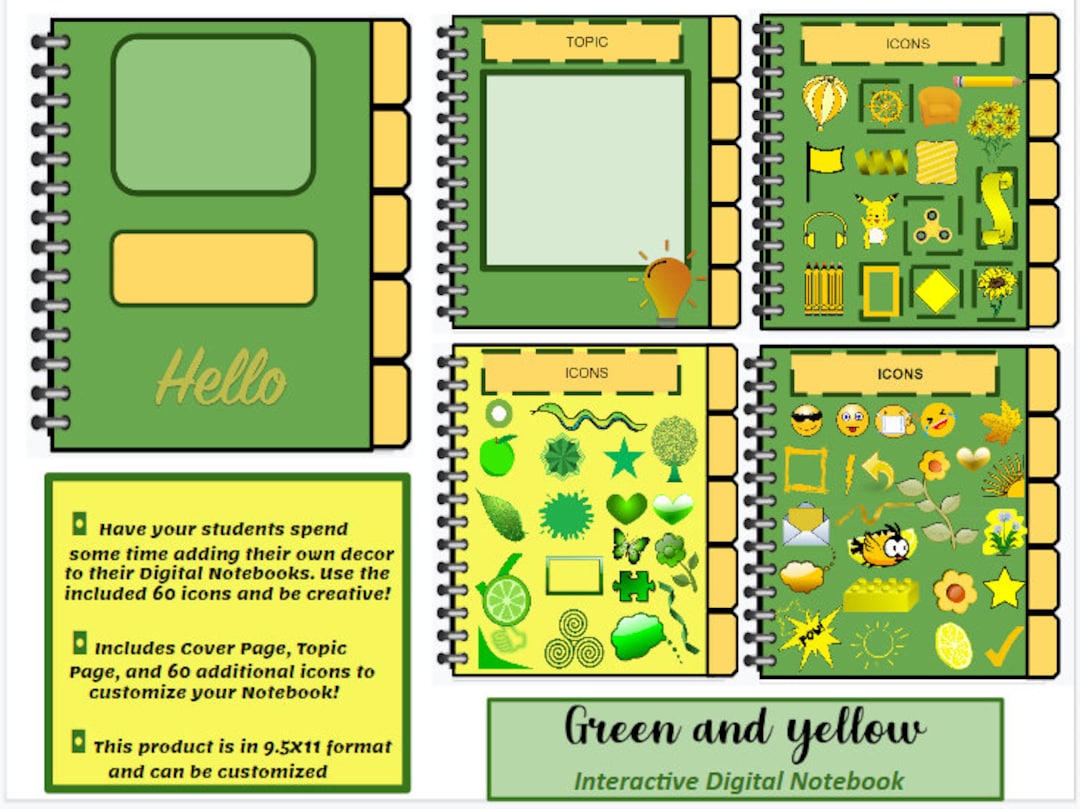 Green and Yellow Interactive Digital Notebook (with 60 Additional Icons ...
