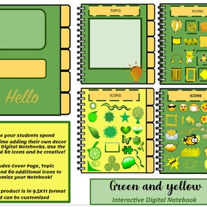 Puede incluir: Cuaderno digital interactivo verde y amarillo con una página de portada, una página de tema y 60 iconos. El cuaderno mide 9,5 x 11 pulgadas y se puede personalizar.