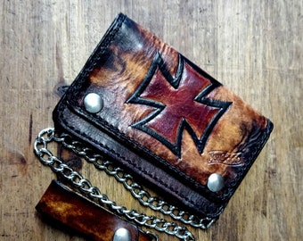 Leather wallet men leather wallet personalized biker chain man wooman personalized