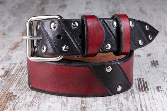 Vintage Black and Red Genuine Leather Belt with Silver Studs Size Medium Buy Red Silver Pyramid Studded Belt Black Vegan Leather  main image 2