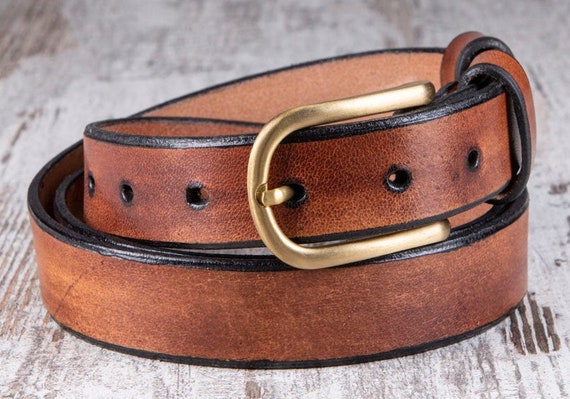 VINTAGE HANDMADE Brown Genuine Leather Belt with Buckle Ishaor Vintage Brown Leather Cowboy Belt, Handmade 4.2cm  main image 2