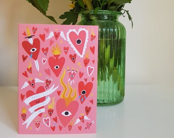 Valentines day card | pink sacred heart | tattoo inpired greetings card | illustration card
