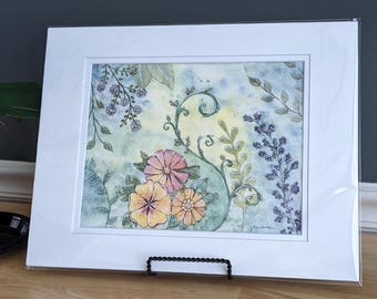 Fairy Garden whimsical - 8x10 watercolor painting in 11x14 double mat