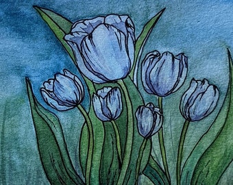 Watercolor Tulips original watercolor - 5x7 with mat, hand painted