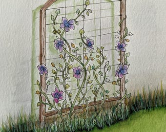 Garden Trellis Clematis watercolor painting and ink drawing - 5x7 with 8x10 mat, hand painted