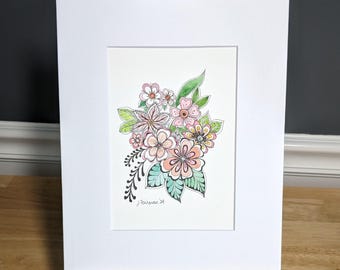 Whimsical Floral Spray watercolor painting and ink drawing - 5x7 with 8x10 mat, hand painted