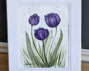Tulips in Garden - 8x10 watercolor painting in 11x14 double mat