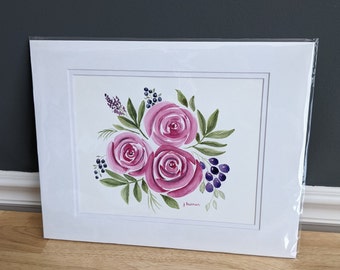 Bouquet of Roses 8x10 watercolor painting in 11x14 double mat