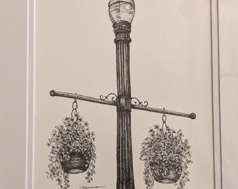 Streetlamp with Hanging Baskets - 8x10 ink drawing in 11x14 double mat