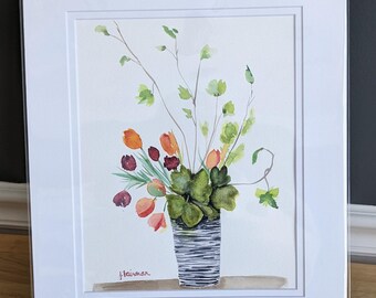 Tulip Bouquet - 8x10 watercolor painting in 11x14 double mat