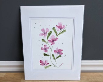 Pink Poppies 8x10 watercolor painting in 11x14 double mat