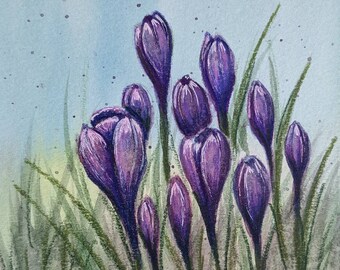 Watercolor Crocus - original watercolor 5x7 with 8x10 mat