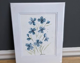 Blue Poppies 8x10 watercolor painting in 11x14 double mat