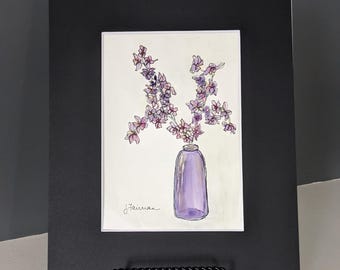 Orchid watercolor painting and ink drawing - 5x7 with 8x10 mat, handpainted