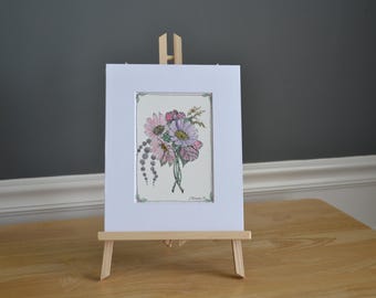 Vintage-style Floral Spray watercolor painting and ink drawing - 5x7 with 8x10 mat, hand painted