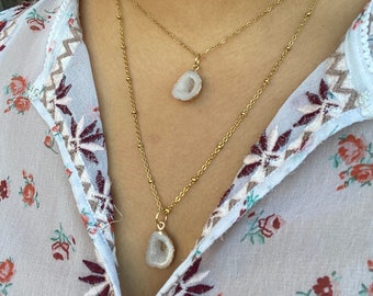 Icy White Geode Resin Crystal Necklace: Gold Plated Stainless Steel Chain - Christmas Gift for her, Birthday Gift for her, Xmas Present