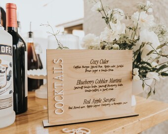 Engraved Wood Bar Menu Sign, Custom Wedding, Bachelorette Party Decor