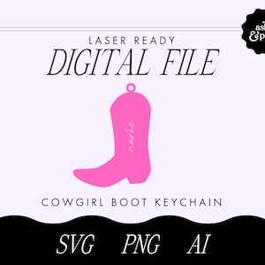 Könnte beinhalten: Rosafarbener Cowgirl-Stiefel-Schlüsselanhänger mit dem Wort "nadie" darauf. Der Schlüsselanhänger ist eine digitale Datei, die laserfertig ist.