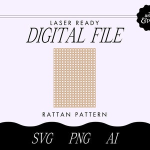 Puede incluir: Un archivo digital de un patrón de ratán, perfecto para cortar con láser. El archivo está disponible en los formatos SVG, PNG y AI. La imagen muestra un primer plano del patrón, que está formado por una serie de líneas entrelazadas.
