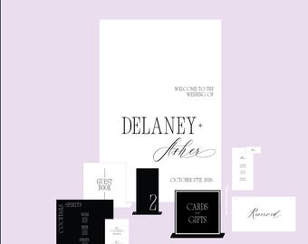 Classic Wedding Signage Package | Semi-Custom Wedding Signs | Wavy Welcome Sign, Bar Menu, Table Numbers & Reception Decor