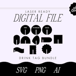 Puede incluir: Un archivo digital descargable para cortar etiquetas de bebidas con láser. El archivo incluye una variedad de formas y tamaños de etiquetas, incluyendo delgadas, estándar y gruesas. El archivo está disponible en los formatos SVG, PNG y AI.