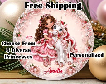 Personalized Princess Unicorn Ornament: Custom Name, Year Keepsake (3.5" Diameter)