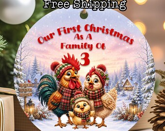 Our First Christmas As A Family Of 3 Ornament, Whimsical Chickens Keepsake