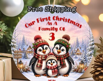 Our First Christmas As A Family Of 3 Ornament, Whimsical Penguins Keepsake