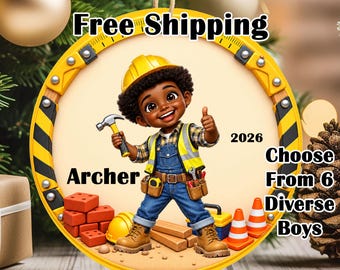 Personalized Construction Worker Ornament: Multi-Racial Kids, Custom Name & Year
