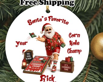 Personalized Santa's Favorite Corn Hole Champ Christmas Ornament, Custom Name Year Keepsake
