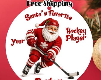 Personalized Santa's Favorite Ice Hockey Player Christmas Ornament, Custom Name Year Keepsake