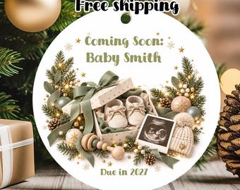 Personalized Ultrasound Ornament, Sage Baby Shoes, Due Date Keepsake (Metal)