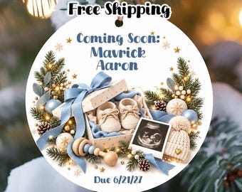Personalized Ultrasound Ornament, Blue Pregnancy Announcement, Coming Soon Baby Boy Ornament, Due Date Keepsake, Expecting Parents Gift