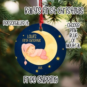 Baby’s First Christmas Ornament, Personalized, Custom Name Sleeping Baby on Crescent Moon – Boy, Girl & Neutral Designs – 2025 Holiday Gift